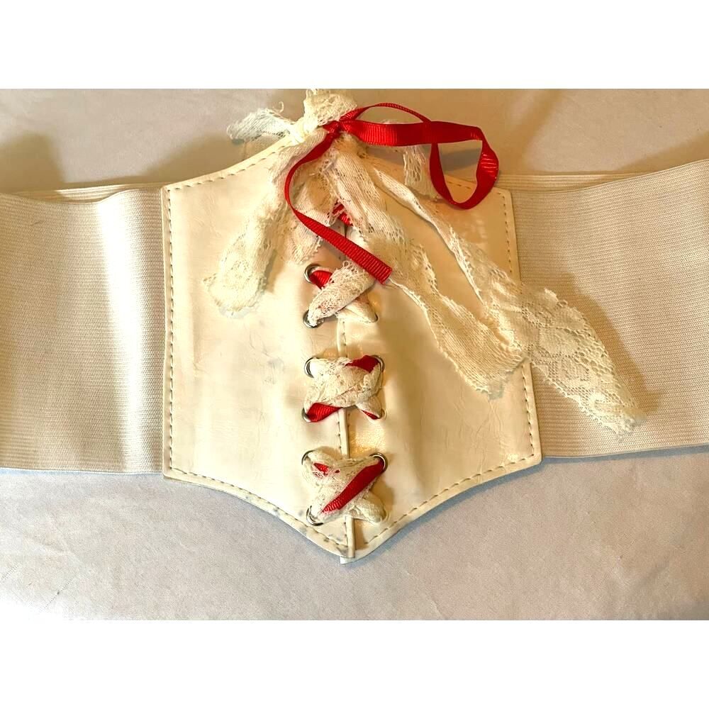 White & Red Ribbon and Lace Stretch Corset 4.5" Wide Belt SZ L Renaissance Fair